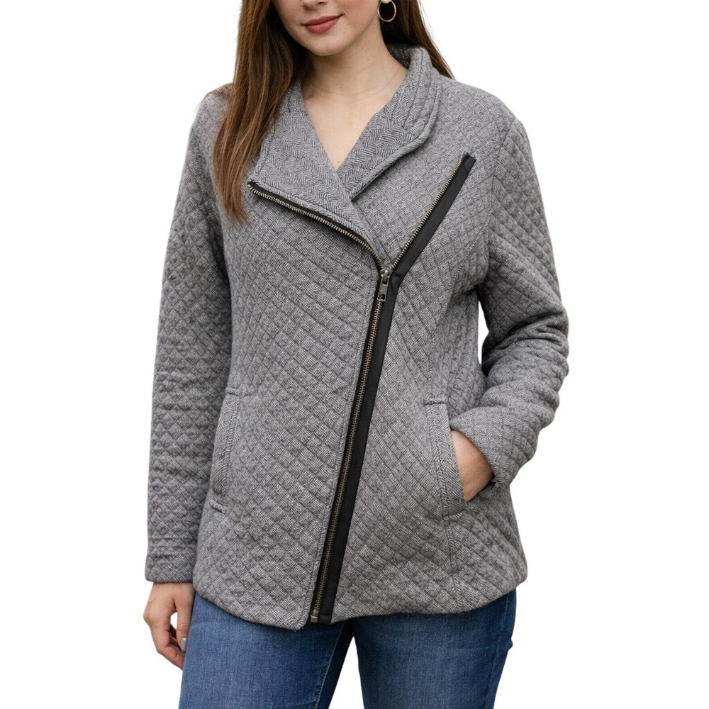 Cabi 3025 Quilted Moto Jacket Asymmetrical‎ Zip Herringbone Size M Gray Outdoor